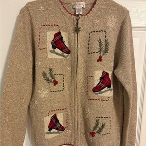 Northern Reflections Beige and Red Knit Full Zip Sweater